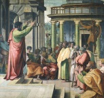 A painting by the Renaissance painter, Raphael, depicting Paul preaching in Athens (1515).